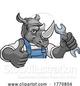 Vector Illustration of Cartoon Rhino Plumber or Mechanic Holding Spanner by AtStockIllustration