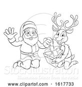 Vector Illustration of Cartoon Santa and His Reindeer Opening Christmas Gift by AtStockIllustration