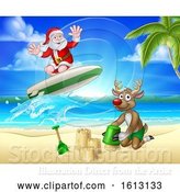 Vector Illustration of Cartoon Santa Claus and Reindeer Christmas Beach Scene by AtStockIllustration