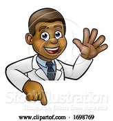 Vector Illustration of Cartoon Scientist Character Pointing at Sign by AtStockIllustration