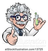 Vector Illustration of Cartoon Senior Male Scientist Giving a Thumb up and Holding a Test Tube over a Sign by AtStockIllustration