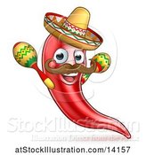 Vector Illustration of Cartoon Spicy Hot Red Chili Pepper Mascot Wearing a Sombrero Hat and Shaking Mexican Maracas by AtStockIllustration