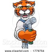 Vector Illustration of Cartoon Tiger Carpenter Handyman Builder Holding Hammer by AtStockIllustration