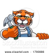 Vector Illustration of Cartoon Tiger Carpenter Handyman Builder Holding Hammer by AtStockIllustration