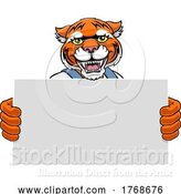 Vector Illustration of Cartoon Tiger Mascot Handyman Holding Sign by AtStockIllustration