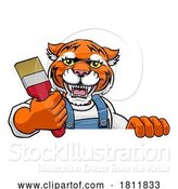 Vector Illustration of Cartoon Tiger Painter Decorator Holding Paintbrush by AtStockIllustration