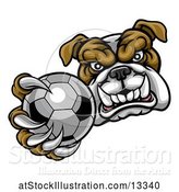 Vector Illustration of Cartoon Tough Bulldog Monster Mascot Holding out a Soccer Ball in One Clawed Paw by AtStockIllustration