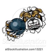 Vector Illustration of Cartoon Tough Bulldog Monster Sports Mascot Holding out a Bowling Ball in One Clawed Paw and Breaking Through a Wall by AtStockIllustration