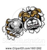 Vector Illustration of Cartoon Tough Bulldog Monster Sports Mascot Holding out a Soccer Ball in One Clawed Paw and Breaking Through a Wall by AtStockIllustration