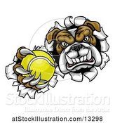 Vector Illustration of Cartoon Tough Bulldog Monster Sports Mascot Holding out a Tennis Ball in One Clawed Paw and Breaking Through a Wall by AtStockIllustration