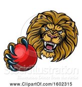 Vector Illustration of Cartoon Tough Lion Monster Mascot Holding out a Cricket Ball in One Clawed Paw by AtStockIllustration