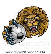 Vector Illustration of Cartoon Tough Lion Monster Mascot Holding out a Soccer Ball in One Clawed Paw by AtStockIllustration