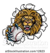 Vector Illustration of Cartoon Tough Lion Sports Mascot Holding out a Baseball and Breaking Through a Wall by AtStockIllustration