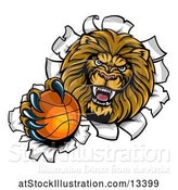 Vector Illustration of Cartoon Tough Lion Sports Mascot Holding out a Basketball and Breaking Through a Wall by AtStockIllustration