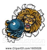 Vector Illustration of Cartoon Tough Lion Sports Mascot Holding out a Bowling Ball and Breaking Through a Wall by AtStockIllustration