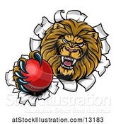 Vector Illustration of Cartoon Tough Lion Sports Mascot Holding out a Cricket Ball and Breaking Through a Wall by AtStockIllustration