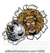 Vector Illustration of Cartoon Tough Lion Sports Mascot Holding out a Soccer Ball and Breaking Through a Wall by AtStockIllustration