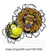 Vector Illustration of Cartoon Tough Lion Sports Mascot Holding out a Tennis Ball and Breaking Through a Wall by AtStockIllustration