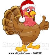 Vector Illustration of Cartoon Turkey in Santa Hat Christmas Thanksgiving Cartoon by AtStockIllustration