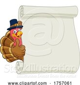 Vector Illustration of Cartoon Turkey Pilgrim Hat Thanksgiving Scroll by AtStockIllustration