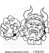 Vector Illustration of Cartoon Viking Gamer Video Game Controller Mascot Cartoon by AtStockIllustration