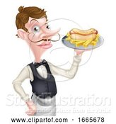 Vector Illustration of Cartoon Waiter Butler Holding Hotdog and Fries by AtStockIllustration