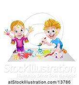 Vector Illustration of Cartoon White Boy and Girl Kneeling and Painting by AtStockIllustration