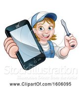 Vector Illustration of Cartoon White Female Electrician Holding a Screwdriver and Cell Phone over a Sign by AtStockIllustration