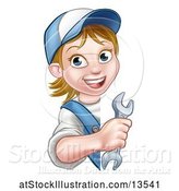 Vector Illustration of Cartoon White Female Plumber Holding a Spanner Wrench Around a Sign by AtStockIllustration