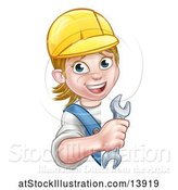 Vector Illustration of Cartoon White Female Plumber Holding a Spanner Wrench Around a Sign by AtStockIllustration