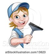 Vector Illustration of Cartoon White Female Window Cleaner Holding a Squeegee Around a Sign by AtStockIllustration