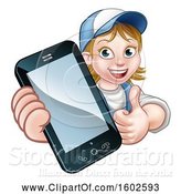 Vector Illustration of Cartoon White Female Worker Holding a Cell Phone over a Sign by AtStockIllustration