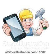 Vector Illustration of Cartoon White Male Carpenter Holding a Hammer and Cell Phone over a Sign by AtStockIllustration