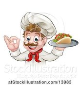 Vector Illustration of Cartoon White Male Chef Holding a Kebab Sandwich on a Tray and Gesturing Okay by AtStockIllustration