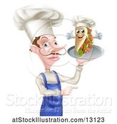 Vector Illustration of Cartoon White Male Chef Holding a Souvlaki Kebab Sandwich on a Tray by AtStockIllustration