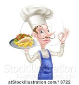 Vector Illustration of Cartoon White Male Chef with a Curling Mustache, Holding a Souvlaki Kebab Sandwich and French Fries on a Tray by AtStockIllustration