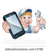 Vector Illustration of Cartoon White Male Mechanic Holding a Spanner Wrench and Smart Phone over a Sign by AtStockIllustration