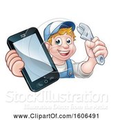 Vector Illustration of Cartoon White Male Mechanic Holding a Wrench and Smart Phone over a Sign by AtStockIllustration