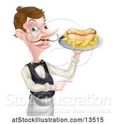 Vector Illustration of Cartoon White Male Waiter Holding a Hot Dog and French Fries on a Platter and Pointing by AtStockIllustration