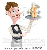 Vector Illustration of Cartoon White Male Waiter Holding a Hot Dog Chef on a Platter and Pointing by AtStockIllustration