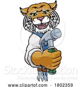 Vector Illustration of Cartoon Wildcat Carpenter Handyman Builder Holding Hammer by AtStockIllustration