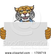 Vector Illustration of Cartoon Wildcat Mascot Handyman Holding Sign by AtStockIllustration