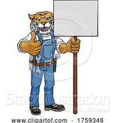Vector Illustration of Cartoon Wildcat Mascot Handyman Holding Sign by AtStockIllustration
