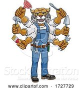 Vector Illustration of Cartoon Wildcat Multitasking Handyman Holding Tools by AtStockIllustration