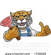 Vector Illustration of Cartoon Wildcat Plumber Mascot Holding Plunger by AtStockIllustration