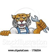 Vector Illustration of Cartoon Wildcat Plumber or Mechanic Holding Spanner by AtStockIllustration