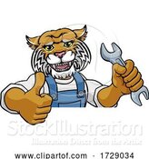 Vector Illustration of Cartoon Wildcat Plumber or Mechanic Holding Spanner by AtStockIllustration