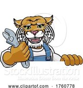 Vector Illustration of Cartoon Wildcat Plumber or Mechanic Holding Spanner by AtStockIllustration