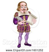Vector Illustration of Cartoon William Shakespeare Holding a Scroll and Feather Quill by AtStockIllustration