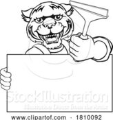 Vector Illustration of Cartoon Window Cleaner Tiger Car Wash Cleaning Mascot by AtStockIllustration